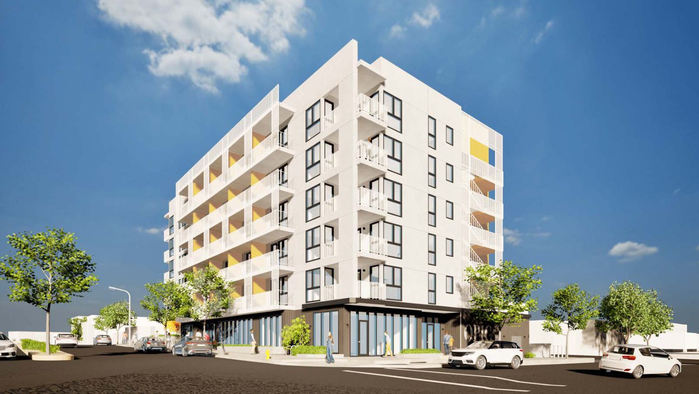 Rendering of the proposed six-story mixed-use building at Pico Blvd and Dorchester Ave