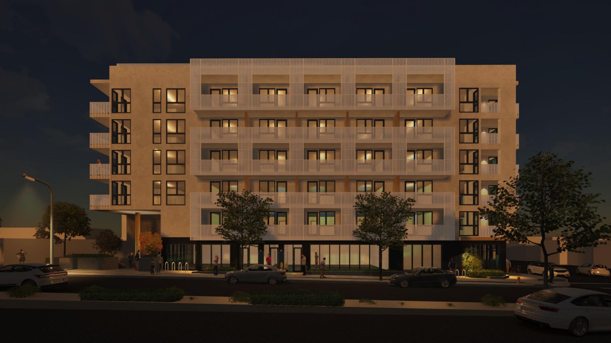 Night rendering of the Pico Boulevard elevation